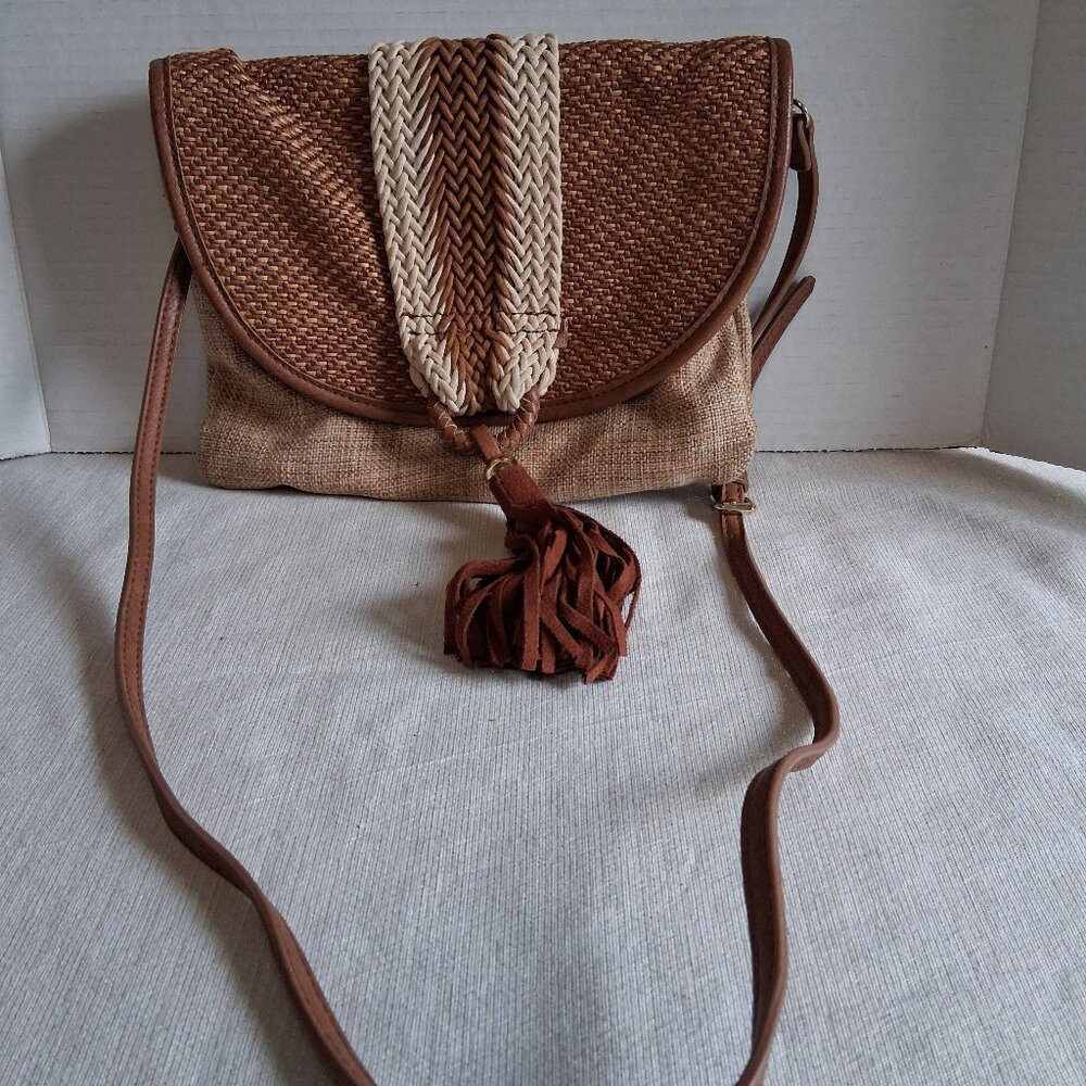 STEVEN Brown Suede Woven Leather Crossbody Bag Boho Hippie Tassel Flap Purse